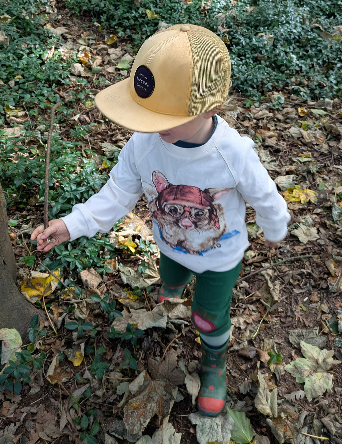 Child in the woods wearing The QT Glider Pilot organic cotton long-sleeve raglan layered over a navy tee