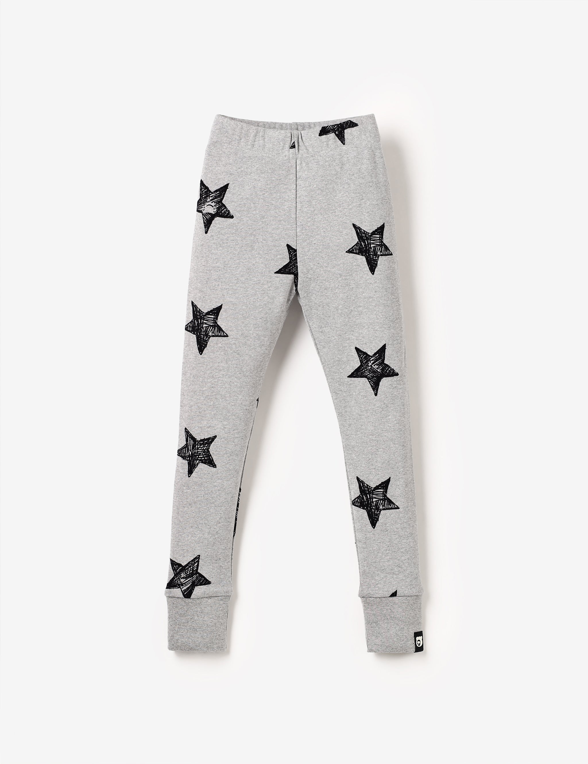 Flat lay of grey marl kids leggings with cute star all-over-print in black, made from soft GOTS-certified organic cotton rib – unisex, sensory-friendly and sustainably made.